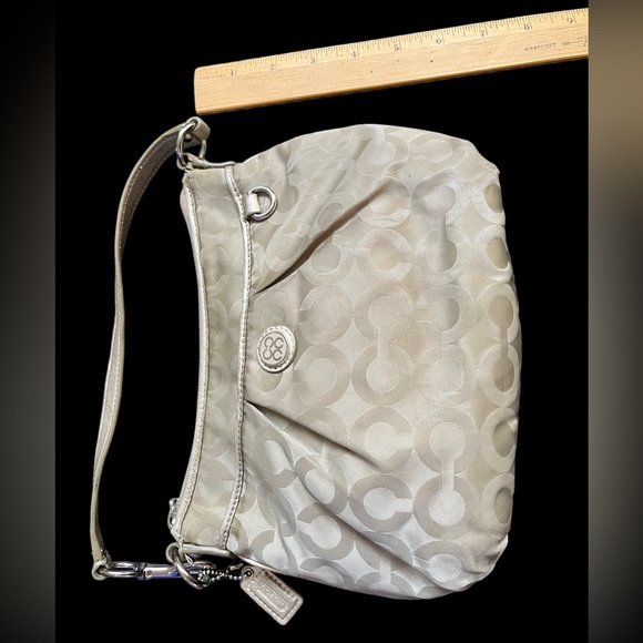 COACH Op Art Satin/Leather Small Handbag Shoulder Bag Beige - Picture 2 of 10